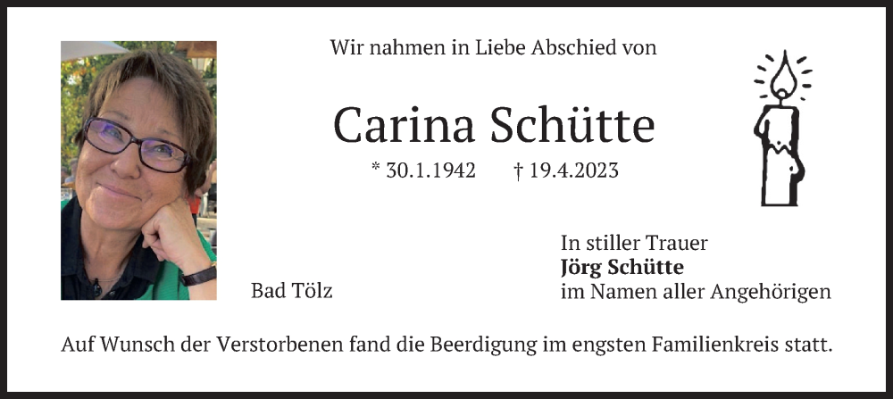  Traueranzeige für Carina Schütte vom 28.04.2023 aus merkurtz