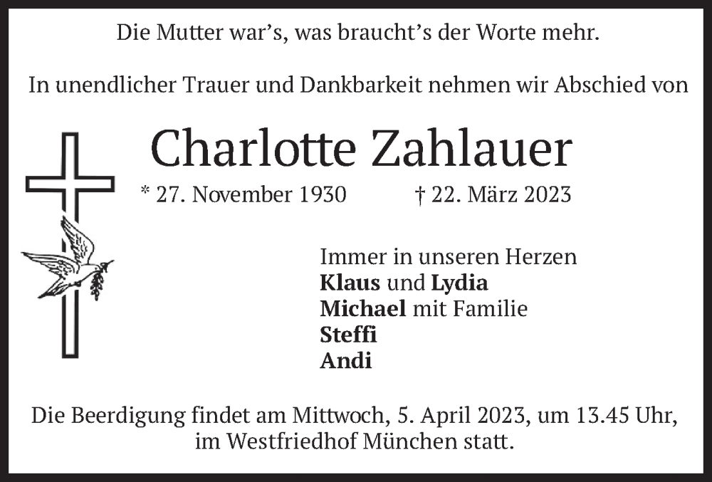  Traueranzeige für Charlotte Zahlauer vom 01.04.2023 aus merkurtz