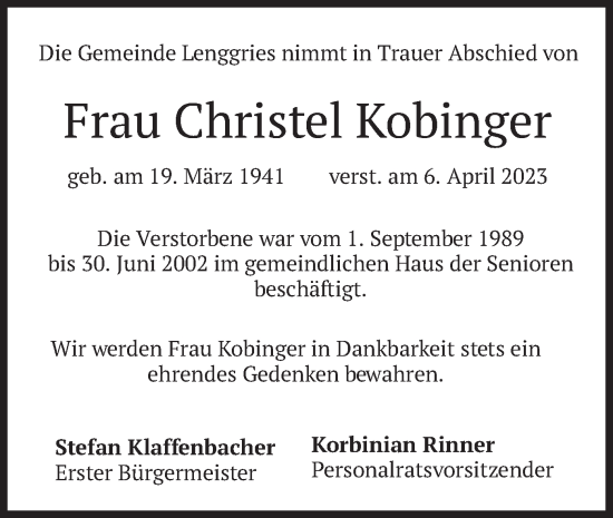 Traueranzeige von Christel Kobinger von merkurtz