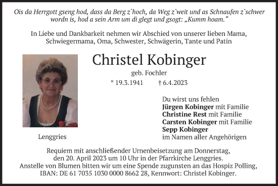 Traueranzeige von Christel Kobinger von merkurtz