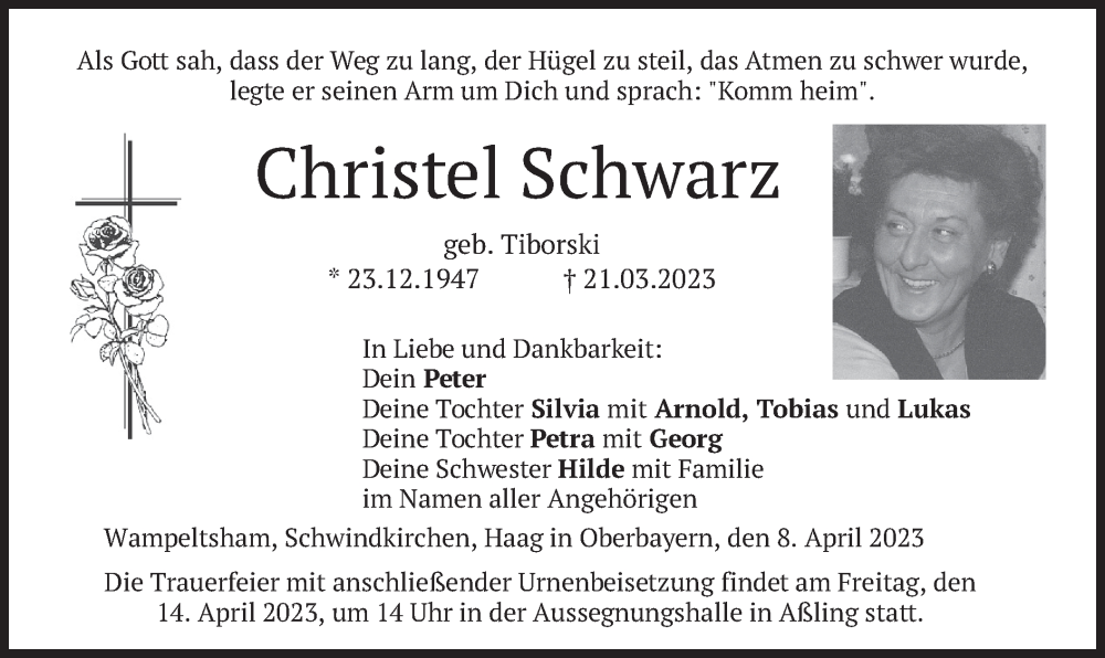  Traueranzeige für Christel Schwarz vom 08.04.2023 aus merkurtz