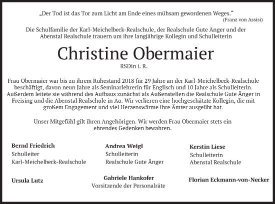 Traueranzeige von Christine Obermaier von merkurtz