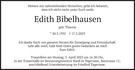 Traueranzeige von Edith Bibelhausen von merkurtz