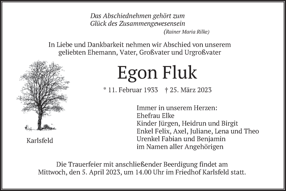  Traueranzeige für Egon Fluk vom 01.04.2023 aus merkurtz
