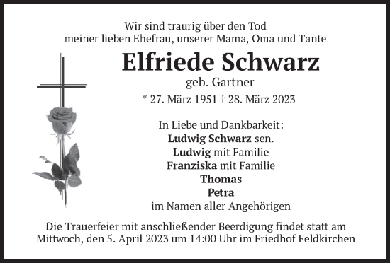 Traueranzeige von Elfriede Schwarz von merkurtz