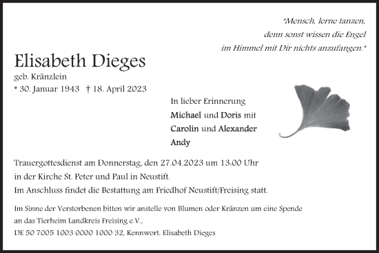 Traueranzeige von Elisabeth Dieges von merkurtz