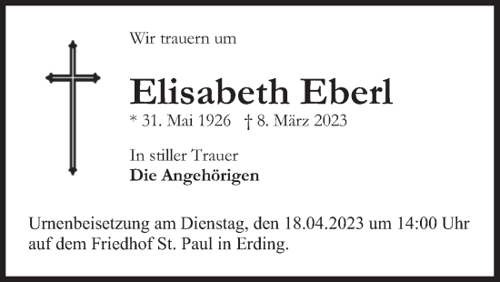 Traueranzeige von Elisabeth Eberl von merkurtz