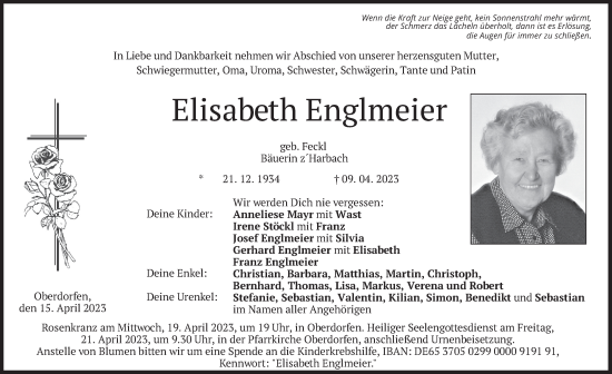 Traueranzeige von Elisabeth Englmeier von merkurtz