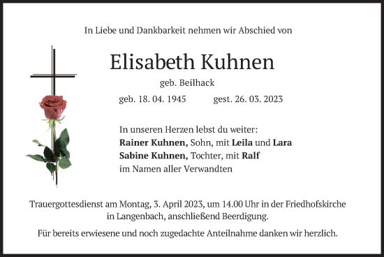Traueranzeige von Elisabeth Kuhnen von merkurtz