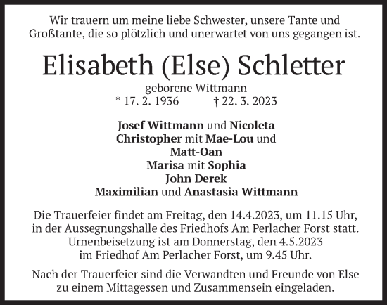 Traueranzeige von Elisabeth Schletter von merkurtz