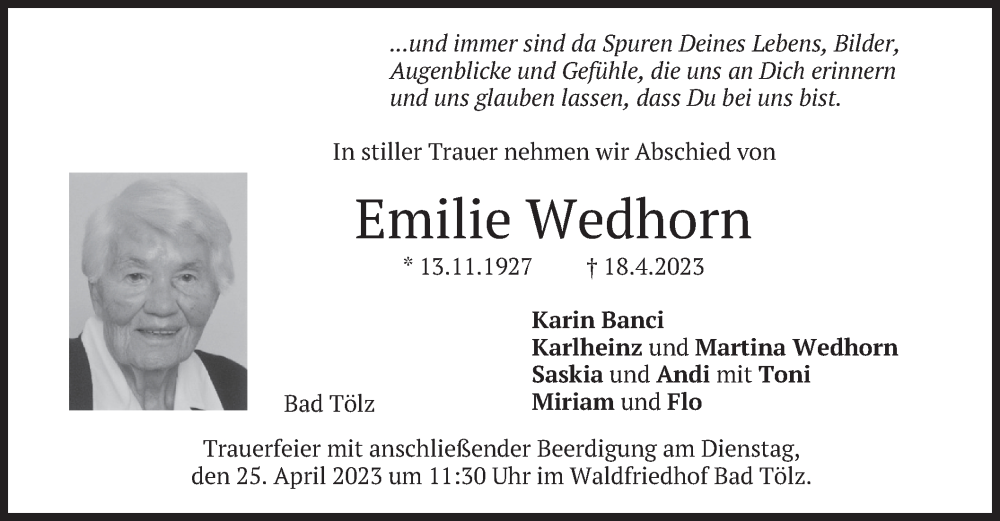  Traueranzeige für Emilie Wedhorn vom 22.04.2023 aus merkurtz
