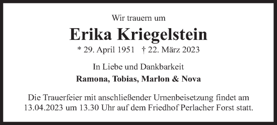 Traueranzeige von Erika Kriegelstein von merkurtz
