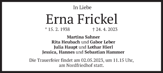 Traueranzeige von Erna Frickel von merkurtz