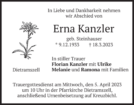Traueranzeige von Erna Kanzler von merkurtz