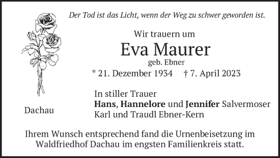 Traueranzeige von Eva Maurer von merkurtz