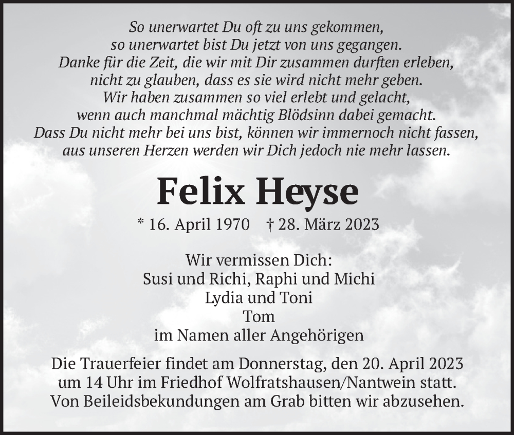  Traueranzeige für Felix Heyse vom 17.04.2023 aus merkurtz