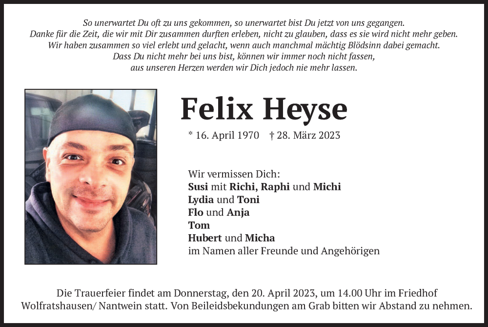  Traueranzeige für Felix Heyse vom 18.04.2023 aus merkurtz