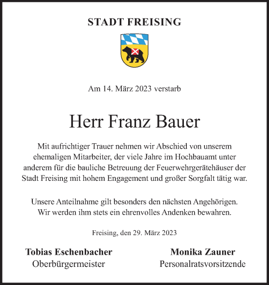 Traueranzeige von Franz Bauer von merkurtz