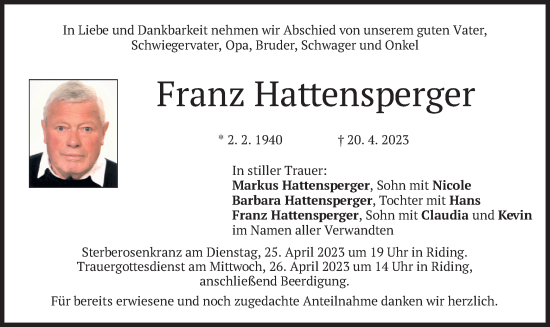 Traueranzeige von Franz Hattensperger von merkurtz
