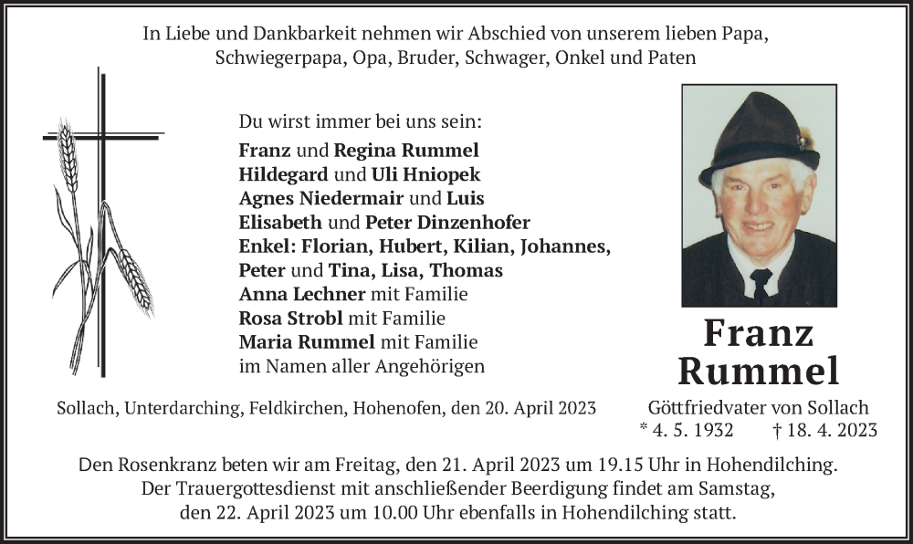  Traueranzeige für Franz Rummel vom 20.04.2023 aus merkurtz