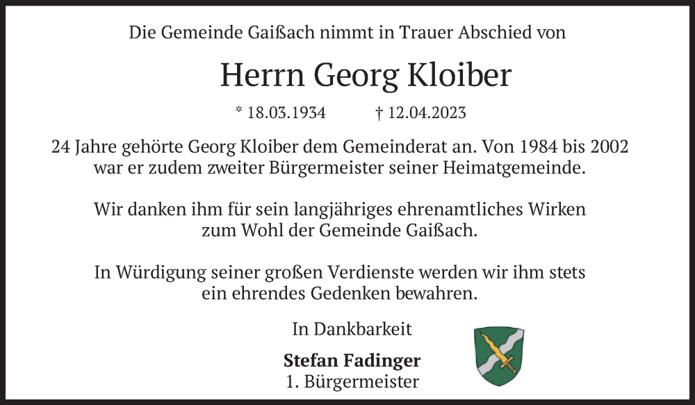  Traueranzeige für Georg Kloiber vom 18.04.2023 aus merkurtz