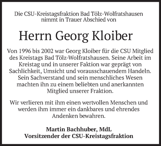 Traueranzeige von Georg Kloiber von merkurtz