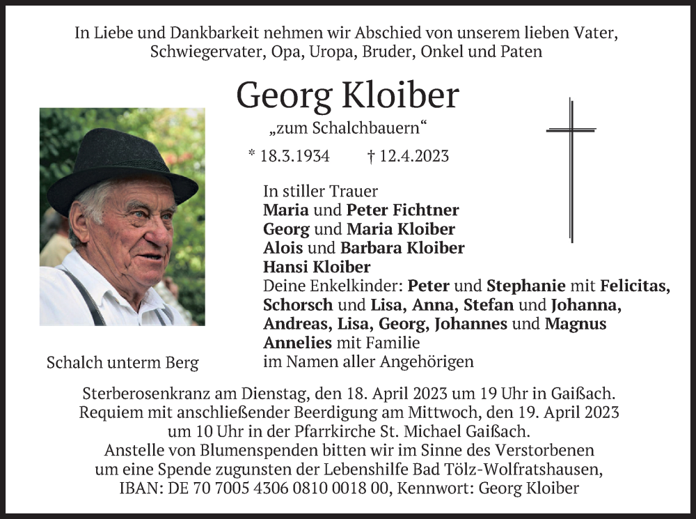  Traueranzeige für Georg Kloiber vom 17.04.2023 aus merkurtz