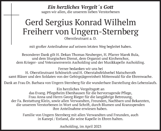 Traueranzeige von Gerd Sergius Konrad Wilhelm Freiherr von Ungern-Sternberg von merkurtz