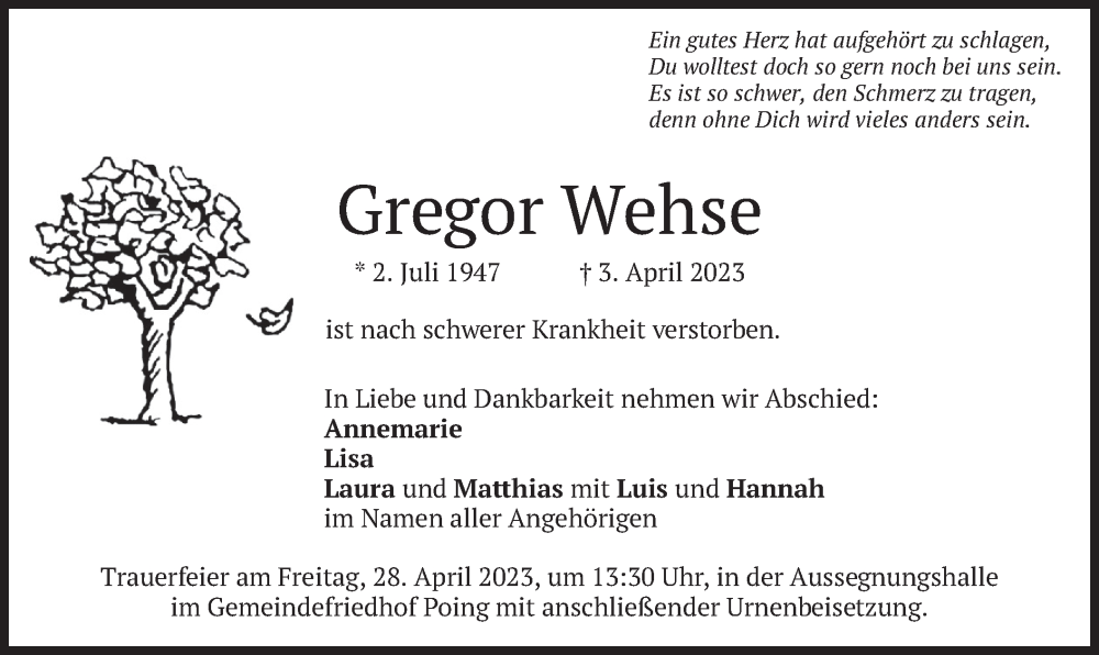  Traueranzeige für Gregor Wehse vom 08.04.2023 aus merkurtz