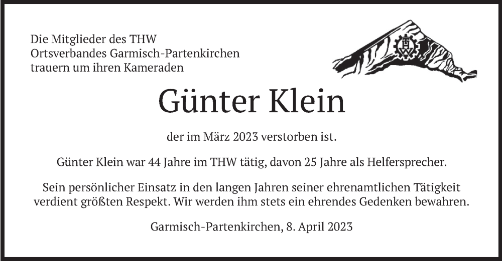  Traueranzeige für Günter Klein vom 08.04.2023 aus merkurtz