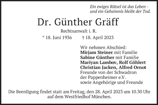 Traueranzeige von Günther Gräff von merkurtz
