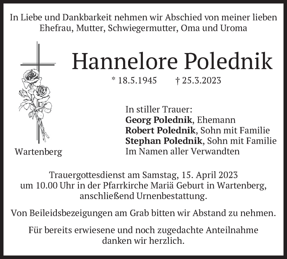  Traueranzeige für Hannelore Polednik vom 12.04.2023 aus merkurtz