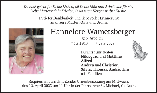 Traueranzeige von Hannelore Wametsberger von merkurtz