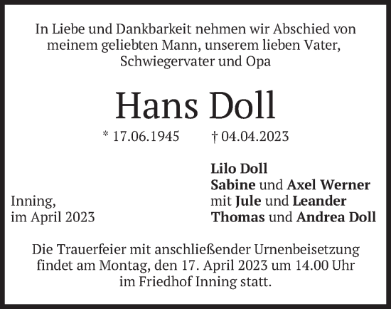 Traueranzeige von Hans Doll von merkurtz