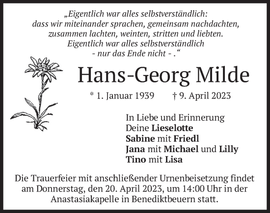 Traueranzeige von Hans-Georg Milde von merkurtz