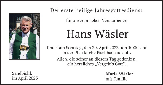 Traueranzeige von Hans Wäsler von merkurtz