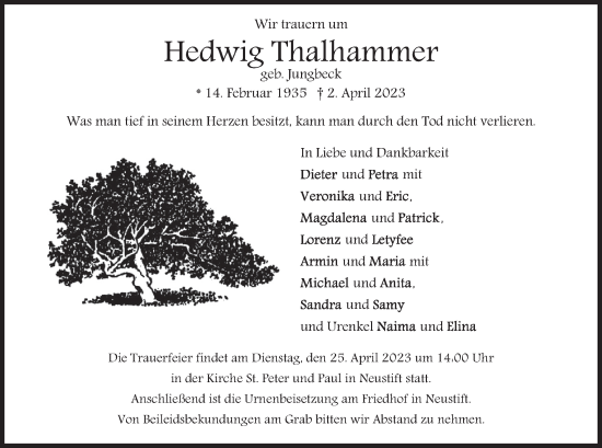 Traueranzeige von Hedwig Thalhammer von merkurtz