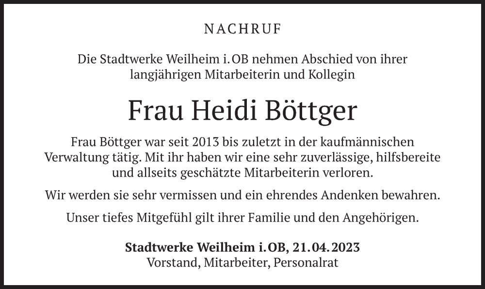  Traueranzeige für Heidi Böttger vom 21.04.2023 aus merkurtz