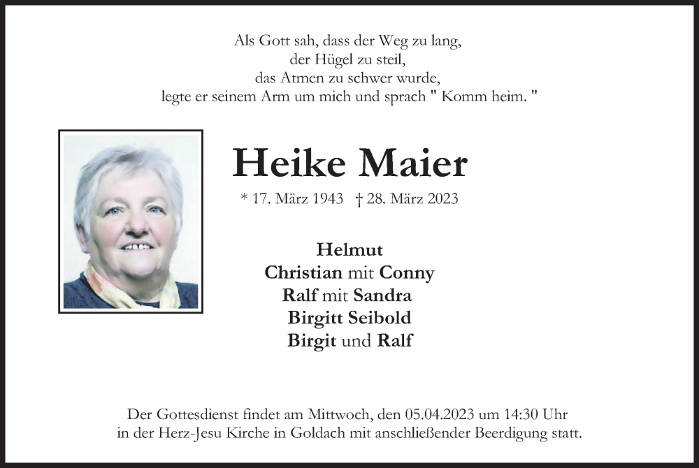  Traueranzeige für Heike Maier vom 01.04.2023 aus merkurtz