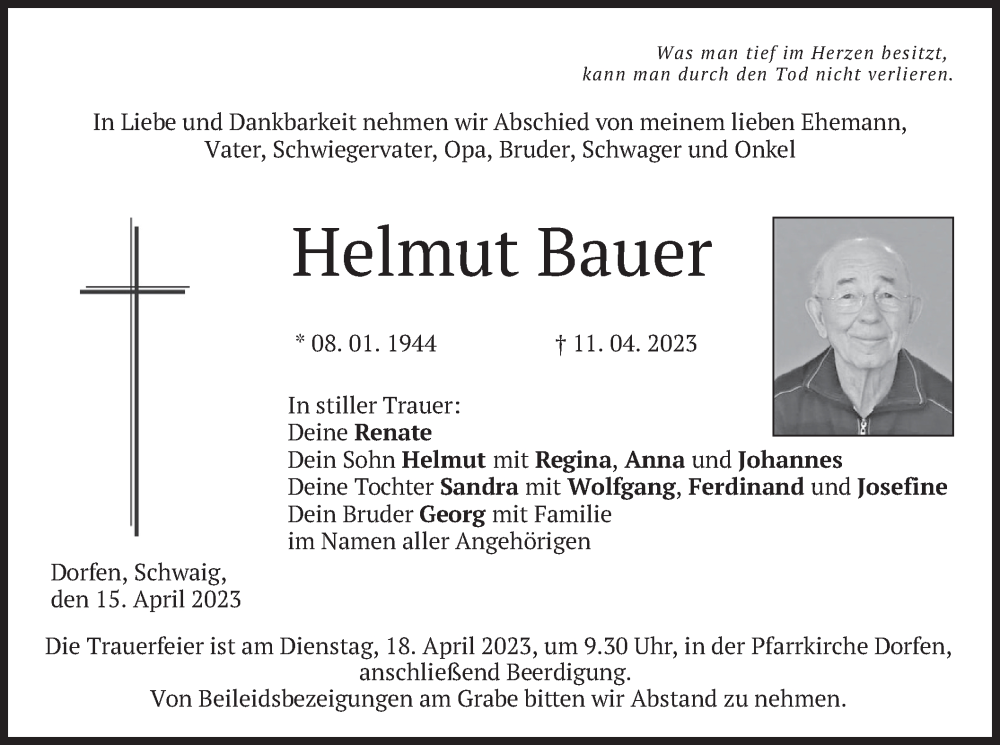  Traueranzeige für Helmut Bauer vom 15.04.2023 aus merkurtz
