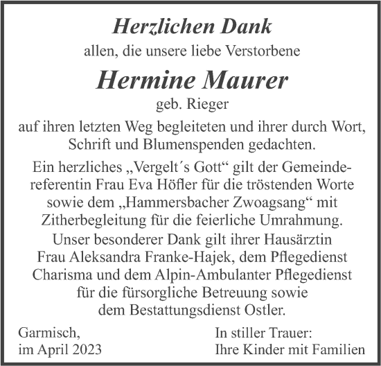Traueranzeige von Hermine Maurer von merkurtz