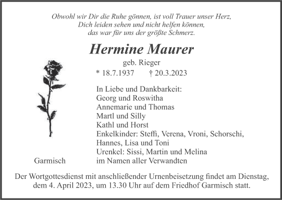 Traueranzeige von Hermine Maurer von merkurtz