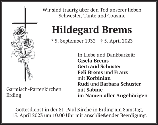 Traueranzeige von Hildegard Brems von merkurtz