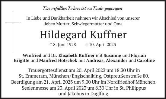 Traueranzeige von Hildegard Kuffner von merkurtz