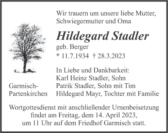 Traueranzeige von Hildegard Stadler von merkurtz