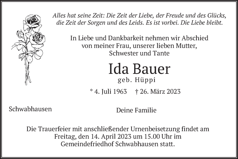  Traueranzeige für Ida Bauer vom 08.04.2023 aus merkurtz