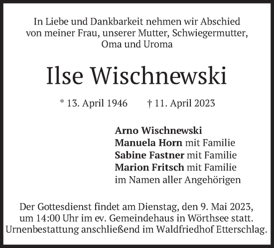 Traueranzeige von Ilse Wischnewski von merkurtz