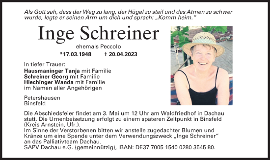 Traueranzeige von Inge Schreiner von merkurtz