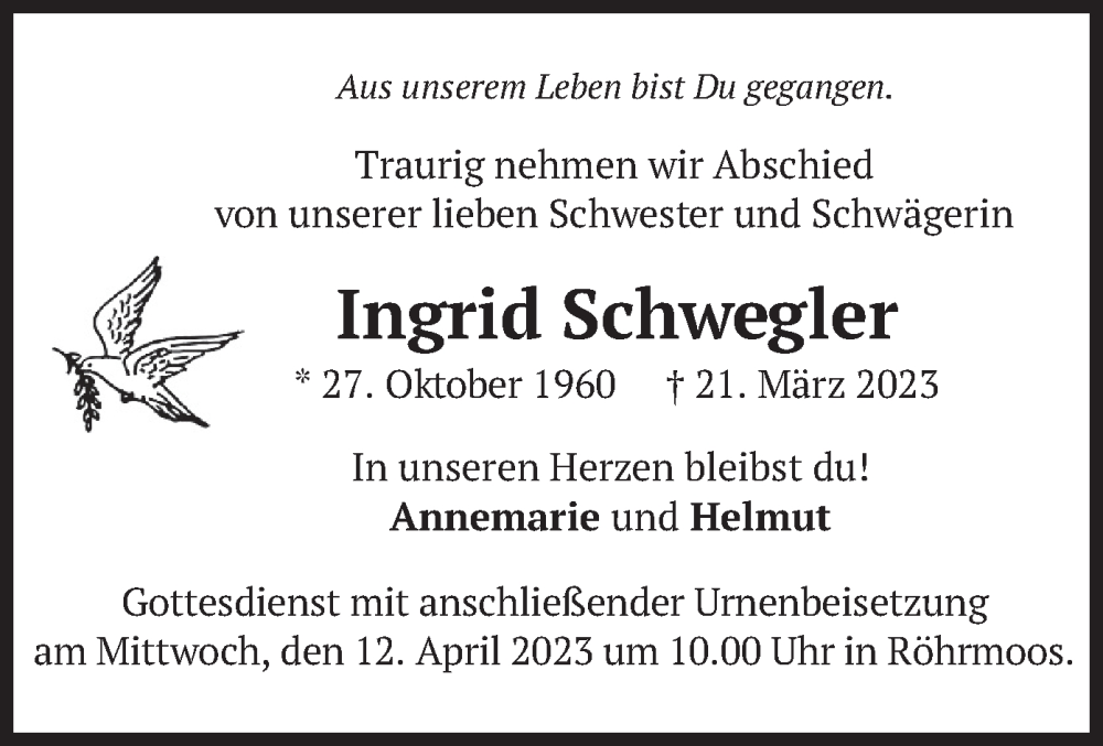  Traueranzeige für Ingrid Schwegler vom 08.04.2023 aus merkurtz