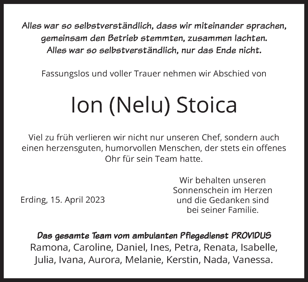  Traueranzeige für Ion  Stoica vom 15.04.2023 aus merkurtz